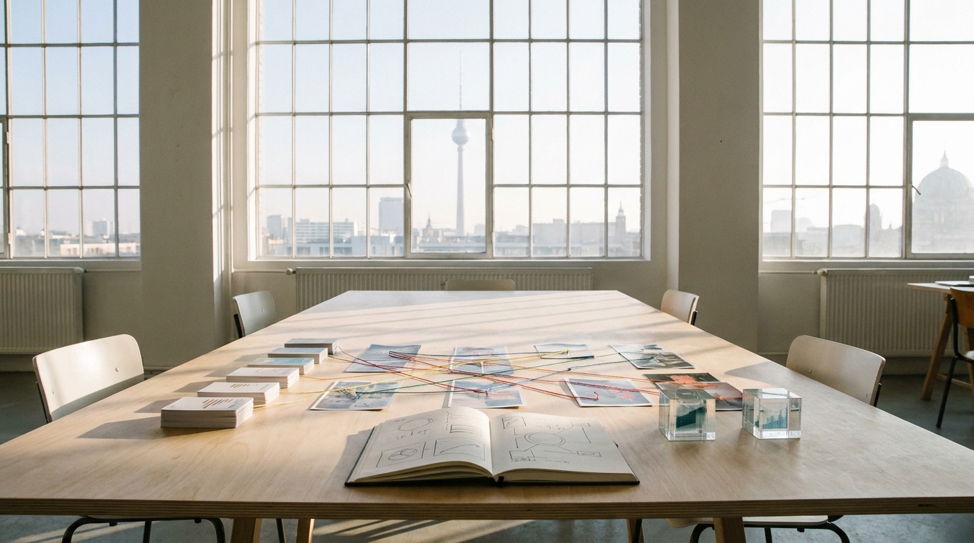 Modernes Berliner Kreativstudio mit strategischen Marketing-Planungsobjekten auf einem Holztisch