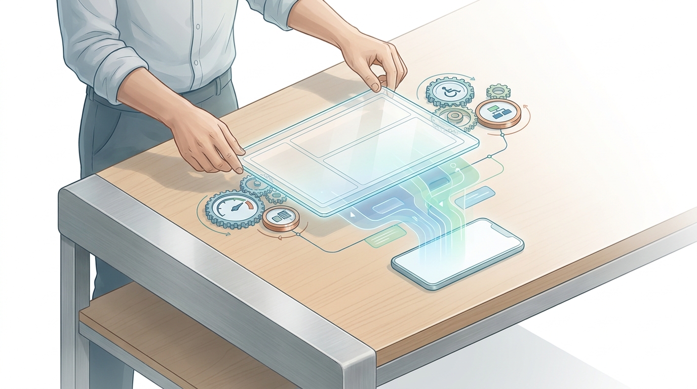 Illustration einer Website als justierbares Präzisionswerkzeug mit Stellrädern und Datenfluss zum Smartphone