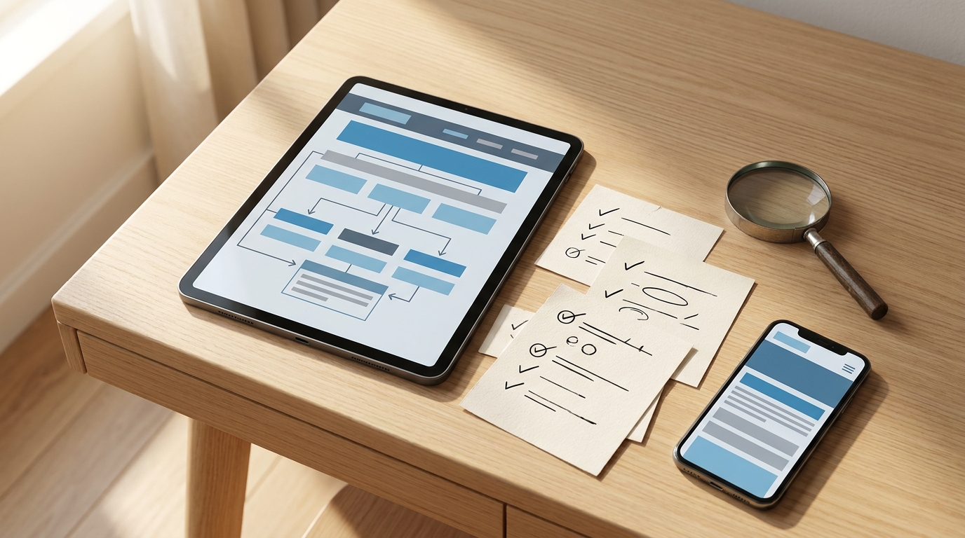 Tablet mit abstrakter Website-Ansicht, Smartphone und Notizzetteln mit Häkchen auf hellem Tisch