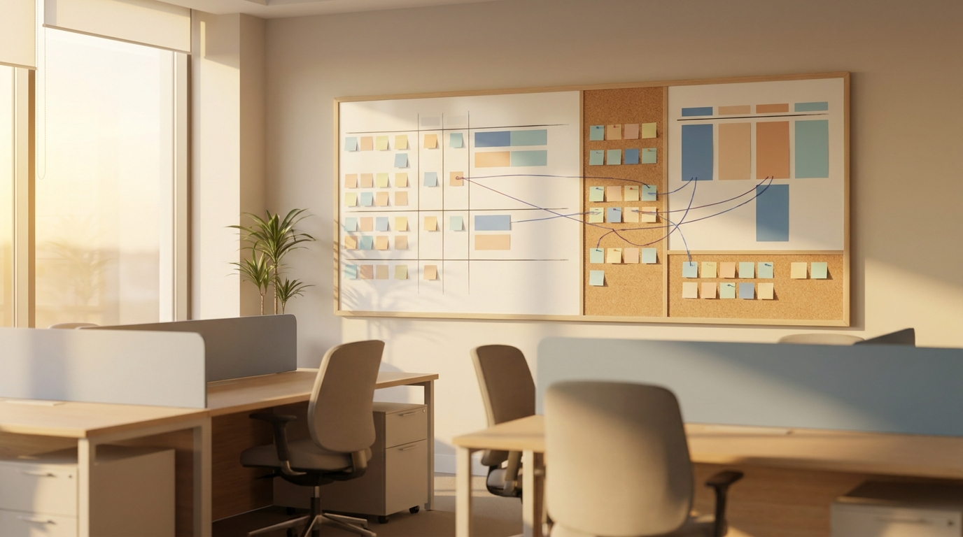 Leeres Marketingbüro mit Planungswand voller vorbereiteter Content-Slots im Sommerlicht