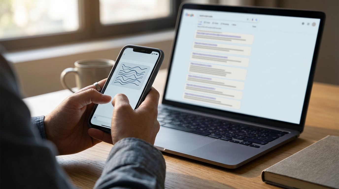 Hand tippt Frage in Chat-App, im Hintergrund unbeachtete Liste klassischer Suchergebnisse