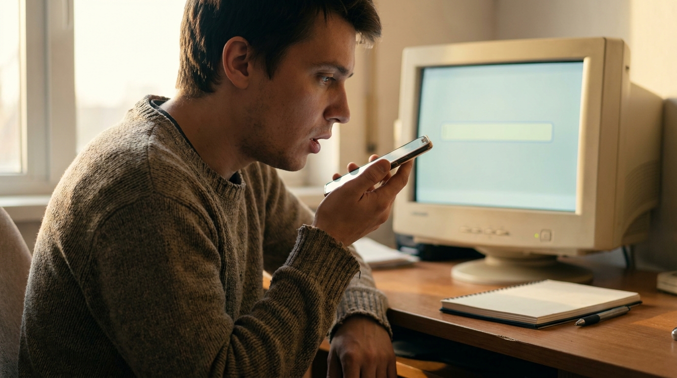 Person spricht eine Frage in ein Smartphone, während ein leerer Such-Bildschirm im Hintergrund unbeachtet bleibt