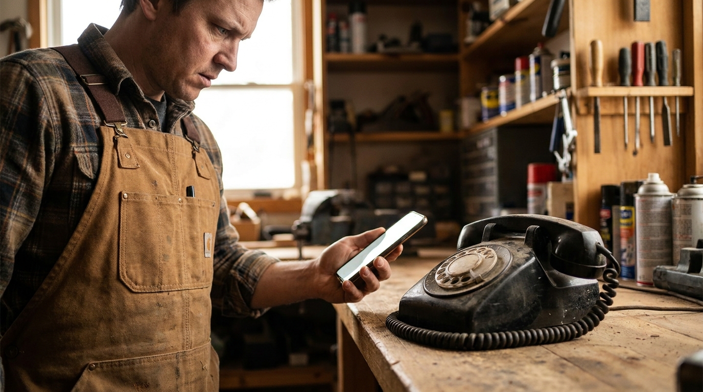 Handwerker schaut auf sein Smartphone, im Hintergrund ein ungenutztes altes Telefon auf der Werkbank