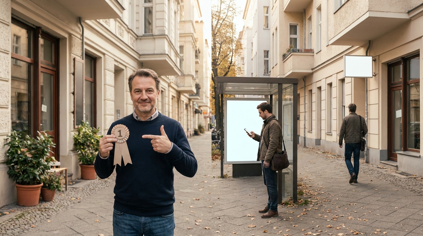 Ladenbesitzer freut sich über Top-Position, doch Passant wendet sich ab und geht zum Nachbarladen