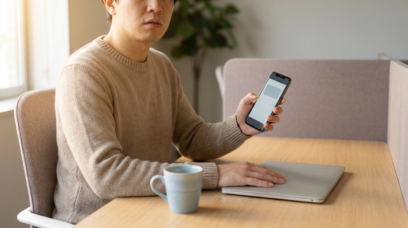 Person schaut konzentriert auf ein Smartphone mit einer Chat-Sprechblase statt auf den Laptop daneben