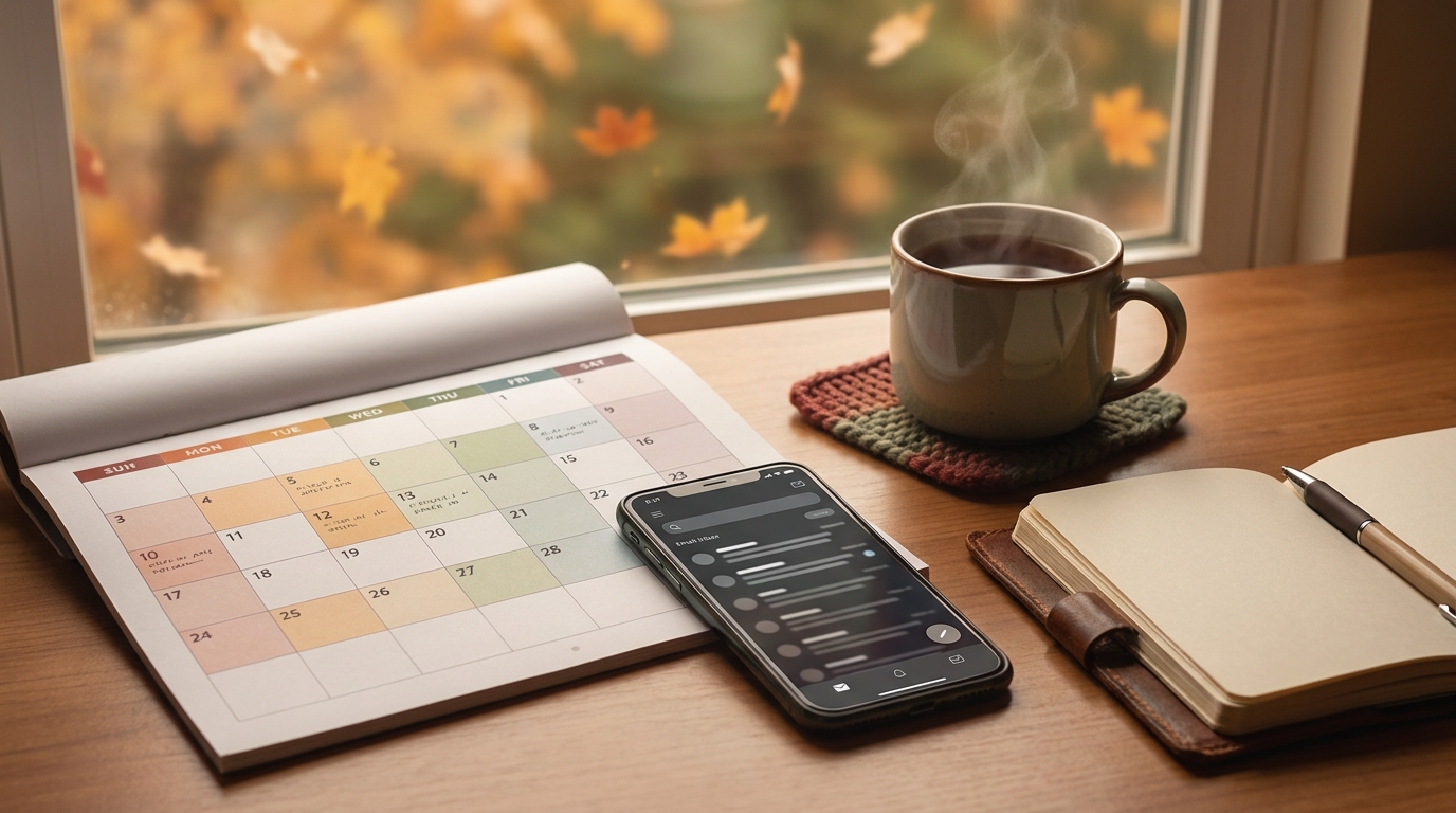 Herbstlicher Schreibtisch mit Kalender, Smartphone und Teetasse am Fenster mit fallenden Blättern
